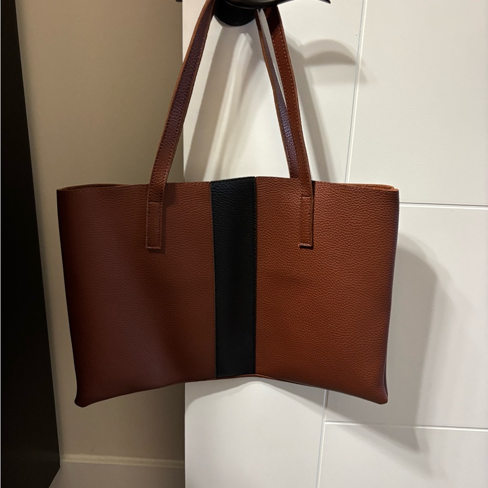 Vince Camuto Elegant Brown and Black Leather Tote Bag